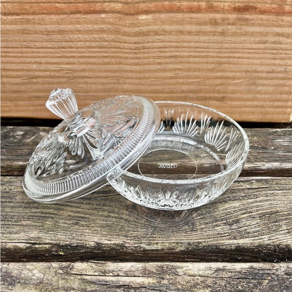 Vintage Avon Cut Clear Candy
Dish Vanity Powder Trinket Box 6"
Diameter - Picture 7 of 9